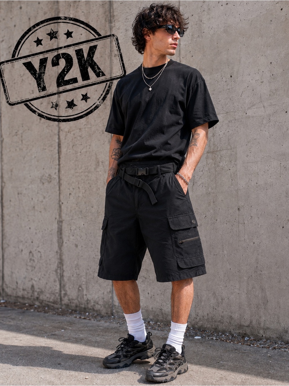 Y2K Denali Black Cargo Utility Shorts Men’s 32 Belted Multi Picket Techwear